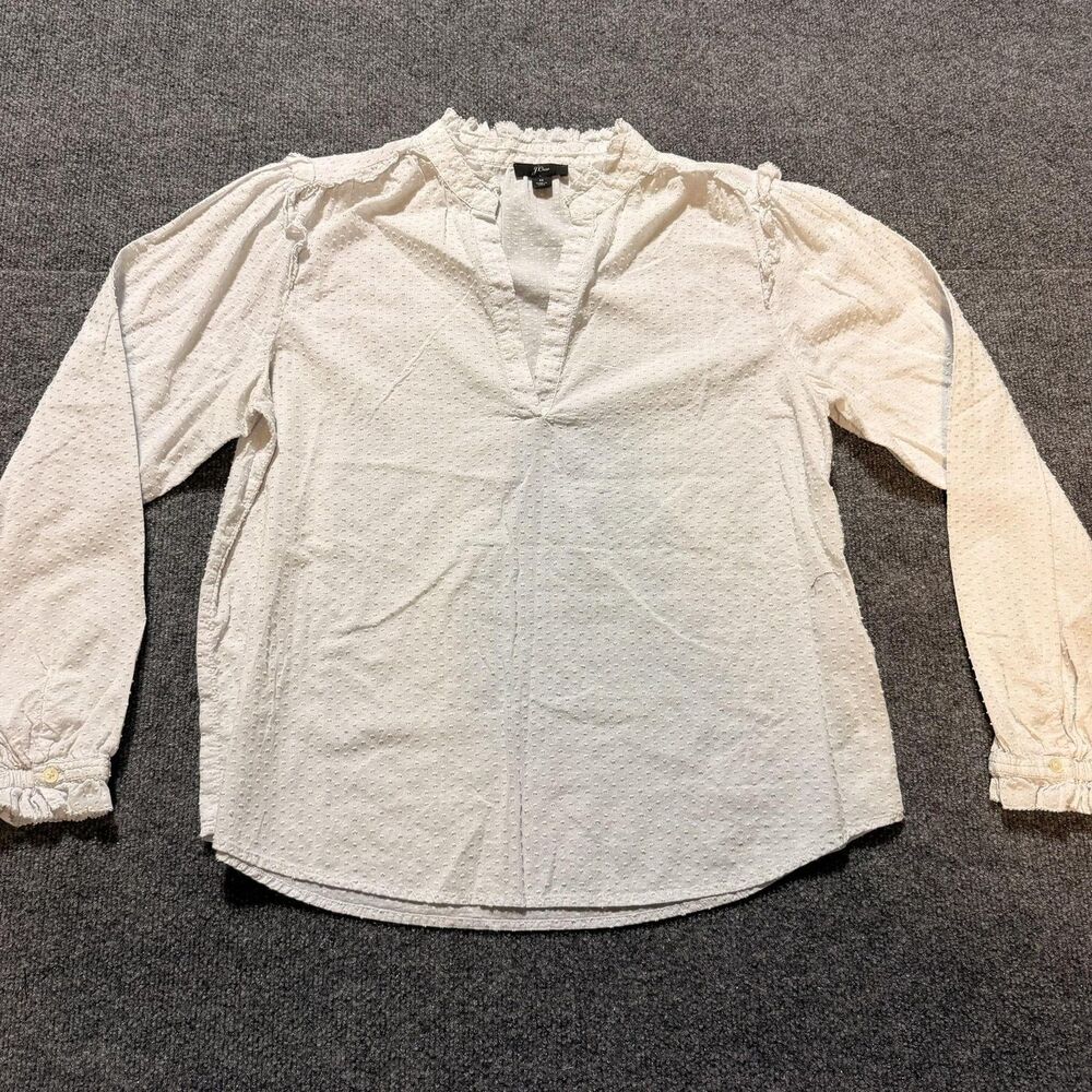 J.CREW Blouse Womens Medium White Swiss Dot V Neck Ruffle Long Sleeve Top